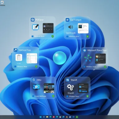 Windows 11 desktop with floating app tiles for PDFgear, EarTrumpet, TreeSize Free, PowerToys, Ditto and ShareX.