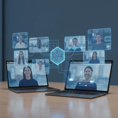 Futuristic holographic video conference with floating participant tiles over two laptops.