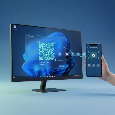 A PC monitor shows a QR code while a smartphone links to it for pairing.