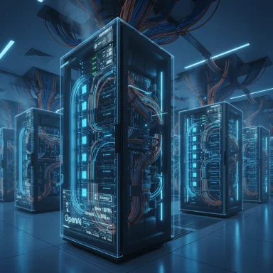 Futuristic data center with glowing blue server racks and network cables.