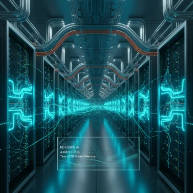 A futuristic data center corridor filled with glowing blue data streams and server racks.
