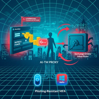 AI-TM proxy visualizes secure payroll funds transfer to a vault, aided by phishing-resistant MFA and FIDO2. AI-TM proxy visualizes secure payroll funds transfer to a vault, aided by phishing-resistant MFA and FIDO2.