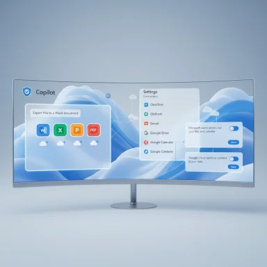 Curved monitor displaying Copilot interface with export icons and cloud permission dialogs.