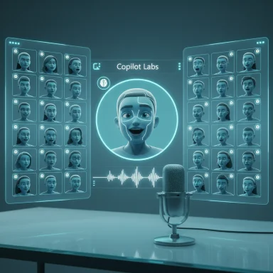 Futuristic Copilot Labs studio with holographic avatar grids surrounding a central avatar and a microphone.