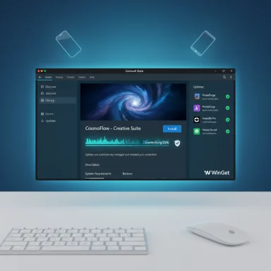 A floating monitor on a blue gradient backdrop displays a software store UI with a keyboard and mouse on a white desk.