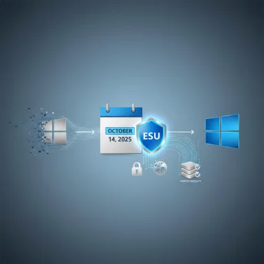 Windows data backup and security workflow showing a calendar with Oct 14, 2025, ESU shield, and verified backups.