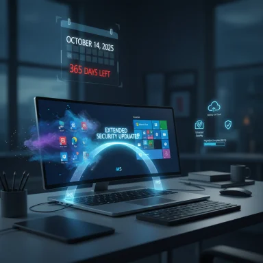 Futuristic desk showing holographic security updates and a countdown to October 14, 2025.