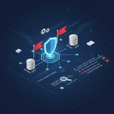 Isometric cybersecurity illustration with a glowing shield, flags, and database icons.