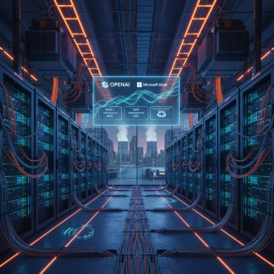 Futuristic data center with neon orange cables and a holographic display showing OpenAI and Microsoft Azure.