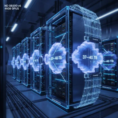 Row of illuminated server racks in a data center with blue holographic cloud storage visuals labeled 37-40 TB.