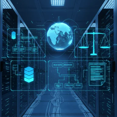 Futuristic data center with holographic blue interfaces, a globe, and balance scales.