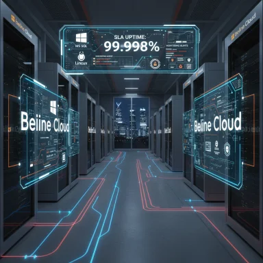 A futuristic data center hallway with holographic Beline Cloud displays and neon blue-red circuit lines.