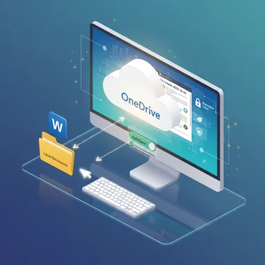 Isometric computer displays OneDrive cloud syncing local documents and Word files.