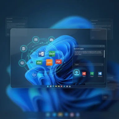 A futuristic translucent UI displays Office icons (Word, Excel, PowerPoint, PDF) on a glowing blue background.