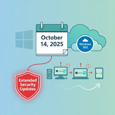 Illustration of Windows 365 cloud with a calendar reading October 14, 2025 and an Extended Security Updates shield.