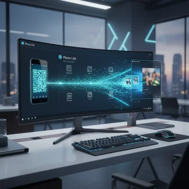 A sleek desk with a curved monitor showing Phone Link UI and a phone QR code.