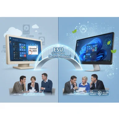 Teams discuss ESU (Extended Security Updates) for Windows on dual monitors, signaling security readiness.