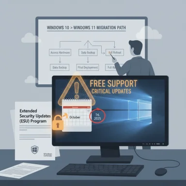 Diagram showing Windows 10 to 11 migration path with ESU security updates and free support.