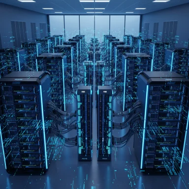 Futuristic data center with rows of glowing blue-lit server racks.