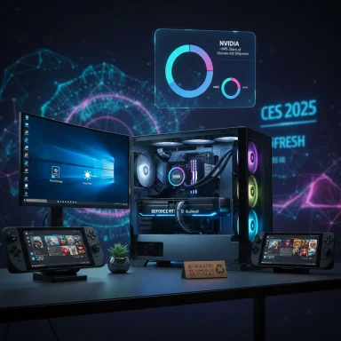 RGB-lit gaming PC with dual handheld consoles, external monitor, and a CES 2025 holographic display.