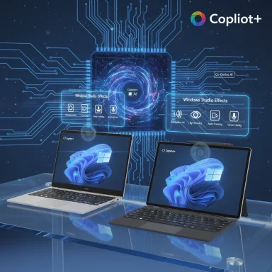Two laptops on a glass desk display Copilot+ AI with holographic Windows Studio Effects UI.