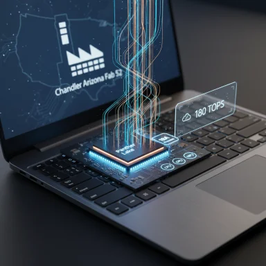 A futuristic microprocessor on a laptop, with glowing circuit lines and a 180 TOPS hologram.