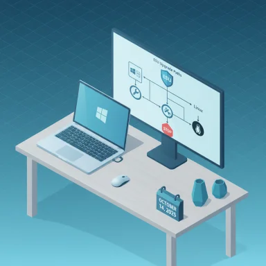 Isometric desk setup with a laptop and monitor displaying ESU upgrade paths.