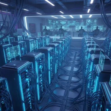 A neon-blue data center with glowing server racks, tangled cables, and a glass-walled control room.