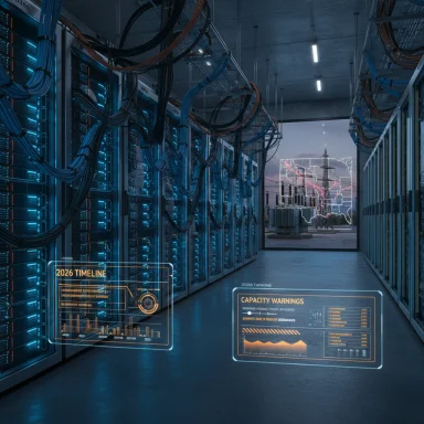 Futuristic data center corridor with blue-lit servers, tangled cables, and holographic dashboards.