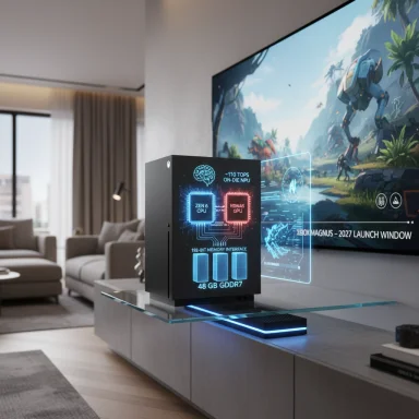 Futuristic gaming PC with a holographic blue display sits on a glass shelf in a modern living room. Futuristic gaming PC with a holographic blue display sits on a glass shelf in a modern living room.