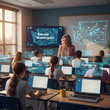 A teacher leads a tech-enabled classroom with holographic Copilot overlays and a digital map.