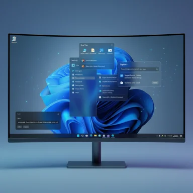 A curved monitor on a stand displays Windows with multiple floating app windows over a blue abstract wallpaper.