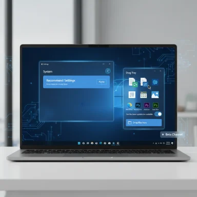 A laptop screen displays a futuristic holographic UI with settings and a draggable tray.