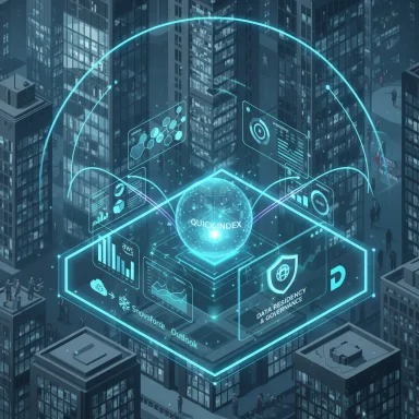 Futuristic neon holographic data hub with a glowing Quick Index globe above a city.
