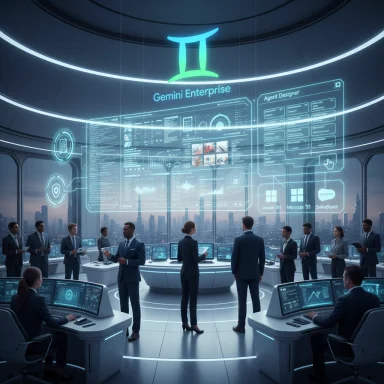 A futuristic command center with holographic dashboards and Gemini Enterprise branding.