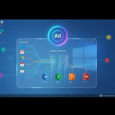 Futuristic Windows UI featuring a central 'All' hub and a content-conversion dashboard with app icons.