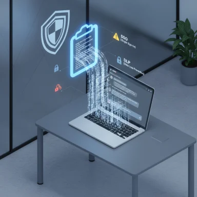 A laptop on a desk with glowing cybersecurity holograms and streaming data.