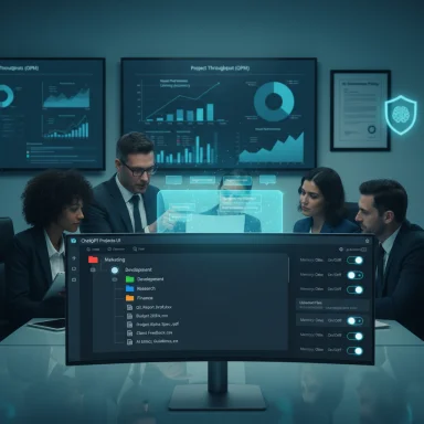 Four professionals review project data on holographic displays around a conference table.