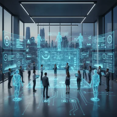Futuristic meeting with holographic screens and digital avatars around a central holographic hub.