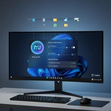 A sleek desk setup featuring a large monitor with a floating Settings Mu panel and sliders.