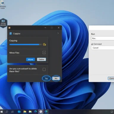 Windows desktop showing a copy progress dialog and a Run window over a blue abstract wallpaper.