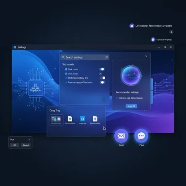 Futuristic dark desktop with floating settings panels, a drag tray, and glowing app shortcuts.