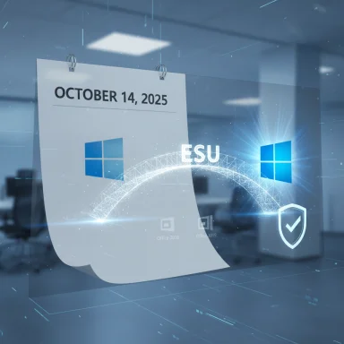 Futuristic calendar graphic dated October 14, 2025 featuring Windows logos and a glowing ESU shield.