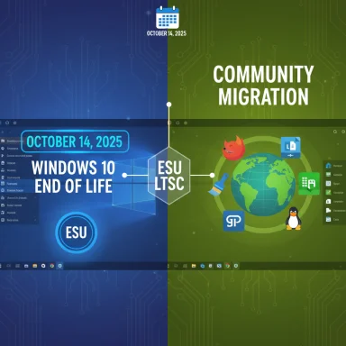 Tech collage showing Windows 10 EOL (Oct 14, 2025) and community migration to ESU/LTSC.
