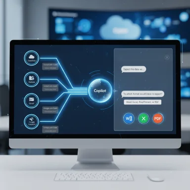 Futuristic Copilot dashboard on a desktop, connecting apps to export data as Word, Excel, or PDF.