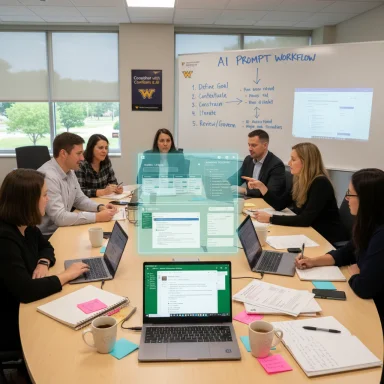 A team in a conference room collaborates on an AI prompt workflow.