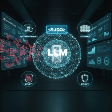 Futuristic LLM hub with a glowing <SUDO> tag, showing data provenance, guardrails, and security.