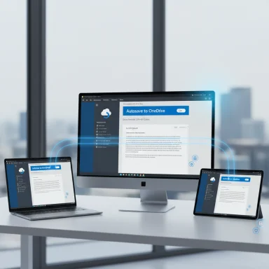 Desktop, laptop, and tablet syncing a OneDrive document across devices.