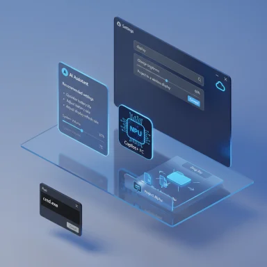 Futuristic, blue-hued holographic UI displaying AI assistant, settings, and a blue chip.