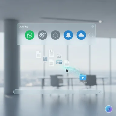 A translucent drag tray with app icons floats over a blurred modern office backdrop.